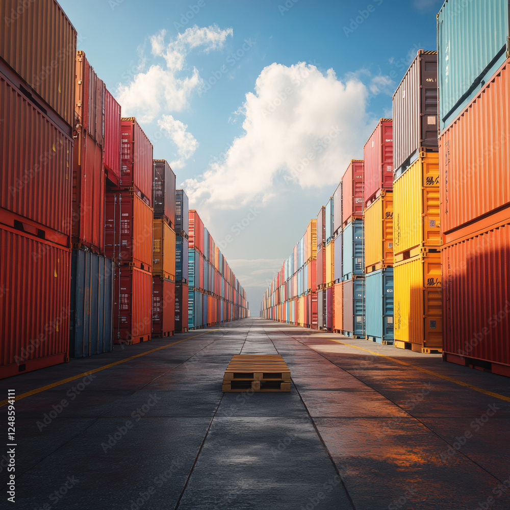 Fototapeta premium Cargo containers stacked at a port with a freight ship in the background