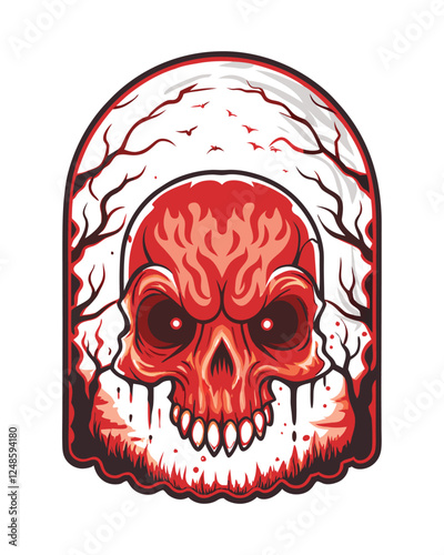 A terrifying skull, detailed and realistic, with intensely glowing red eyes, surrounded by swirling dark energy.