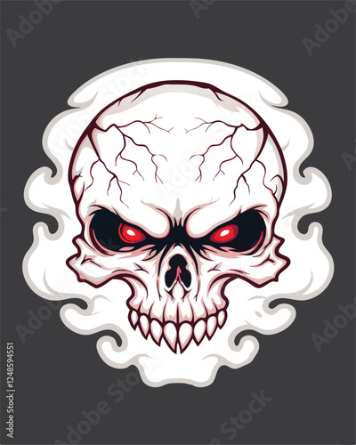 A terrifying skull, glowing red eyes, surrounded by swirling dark mist; detailed, high-resolution digital painting.