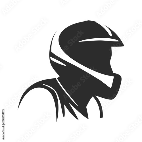 Stylized silhouette of a motorcycle rider wearing a full face helmet and jacket