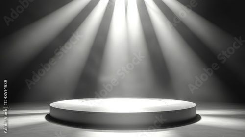 Circular Stage with Shining Light from the Top Creating Dramatic Atmosphere for Performances or Presentations in a Dark Environment