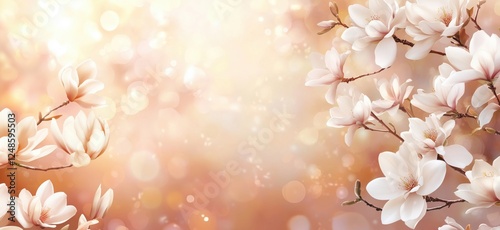 Magnolia flowers blooming against a soft bokeh background in warm tones, copy space for text