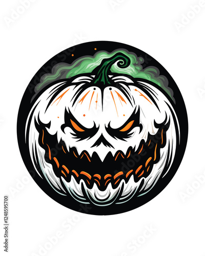 Render a twisted, grotesque jack-o'-lantern with a sinister, wide grin, its surface decaying and uneven.  Focus on unsettling detail.