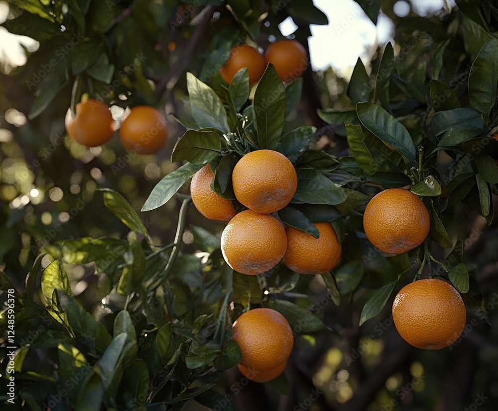 Sun-Ripened Oranges Growing on Lush Tree Branches in Orchard Sun-Ripened Oranges Growing on Lush Tree Branches in Orchard