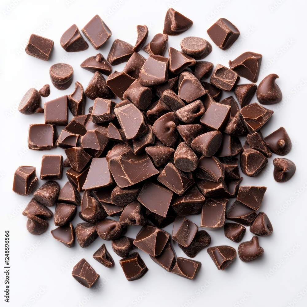 Fototapeta premium Assorted Dark Chocolate Chunks and Chips Piled Together on White Background for Baking and Cooking Uses