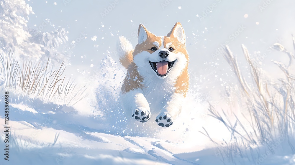 Cute And happy puppy running in the snow in winter Cute And happy puppy running in the snow in winter