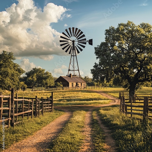 A serene rural landscape with rolling green fields, a wooden fence, and a peaceful farmhouse under a bright blue sky with soft clouds.

