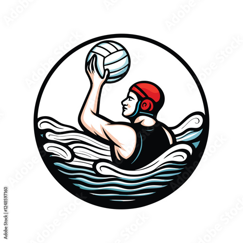 Dynamic shot of a water polo player in a navy swimsuit and red cap, intense facial expression, underwater action.