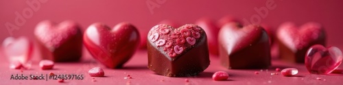 Heart-shaped chocolate candies, glossy finish, delicious, sweet, close-up