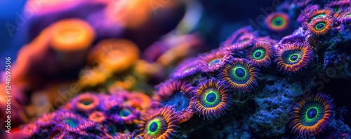 Vibrant coral reef with colorful zoanthids and marine life in aquarium setting, copy space for text photo