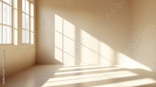 Close-up of an Empty Room with Light Colored Walls and Bright Sunlight Streaming Through the Windows Creating Soft Shadows on the Floor