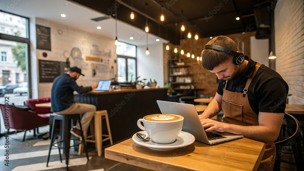 Trendy cafe with latte art, laptop, and peaceful ambiance Trendy cafe with latte art, laptop, and peaceful ambiance