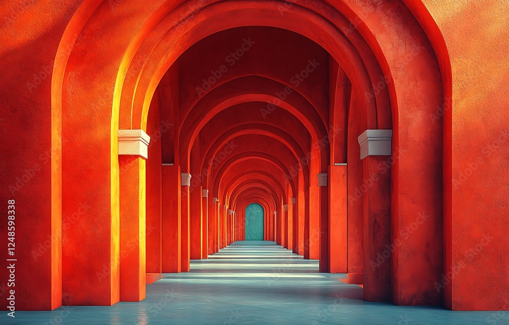Fototapeta premium Vibrant Orange Arches Leading Through a Minimalist Corridor with Soft Lighting