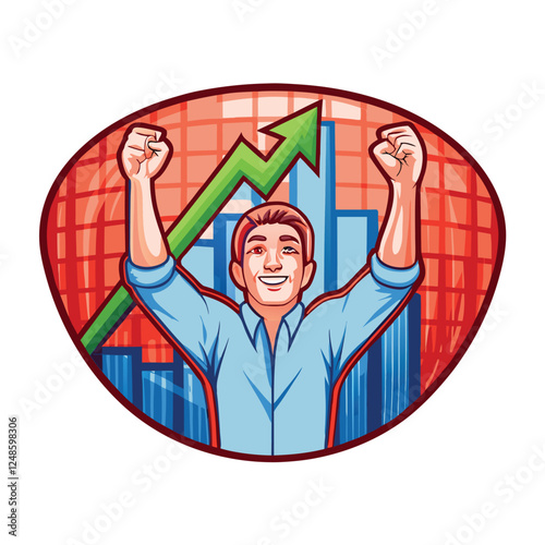 A jubilant young male investor, wearing a light blue shirt, celebrates a successful investment deal.  He's beaming with joy and excitement.