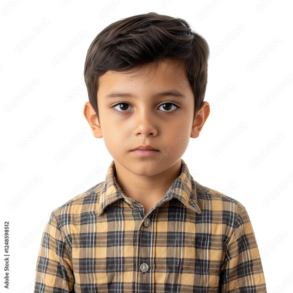 serious Middle Eastern boy in a checkered shirt isolated on transparent white background serious Middle Eastern boy in a checkered shirt isolated on transparent white background