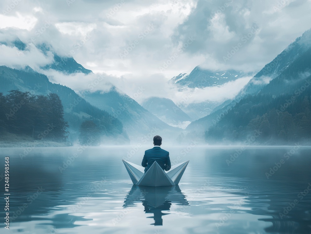 Fototapeta premium Businessman sitting in paper boat on misty mountain lake at dawn, surreal mindfulness and leadership concept