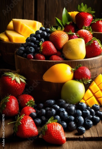 close array assorted fresh fruits featuring vibrant colors textures alluringly displayed visual appeal, apple, banana, berry, cherry, citrus, fig, grape photo