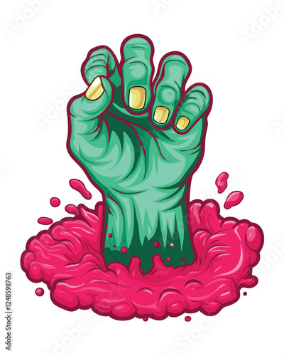 A decaying zombie hand bursts from cracked earth, dirt clinging to its skeletal fingers.  Detailed, gritty texture.