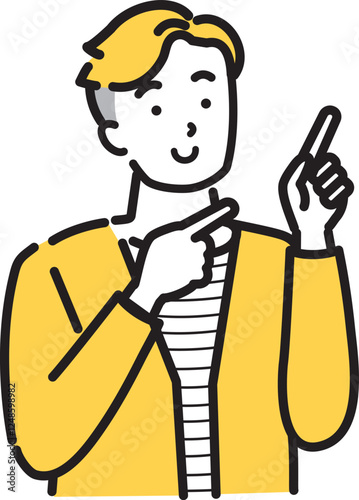 ご機嫌で笑顔の若い男性の指差しイラスト