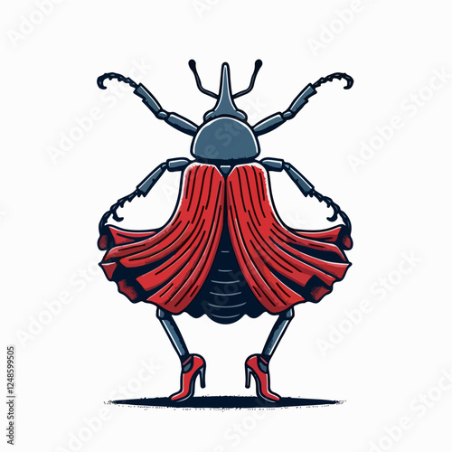 Beetle in Red Cape: A whimsical illustration of a beetle dressed in a flowing red cape and high heels, standing confidently with its back turned, creating a humorous and unexpected image.