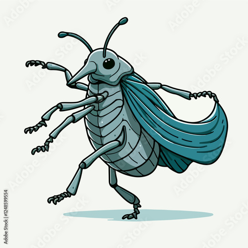 Dancing Weevil Cartoon: A whimsical illustration of a weevil, charmingly anthropomorphized, joyfully dances with a flowing cape. The art style is cartoonish and vibrant. 