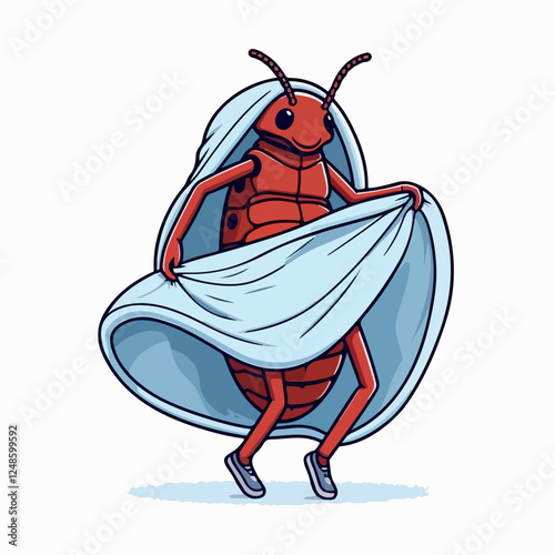 Bug in a Blanket:  A cheerful, cartoon bug with red shell and blue sneakers dances joyously in a white sheet,  evoking whimsical humor and playfulness.