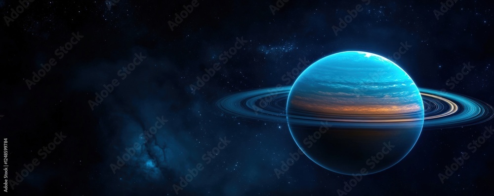 Ringed planet in cosmic nebula; space exploration