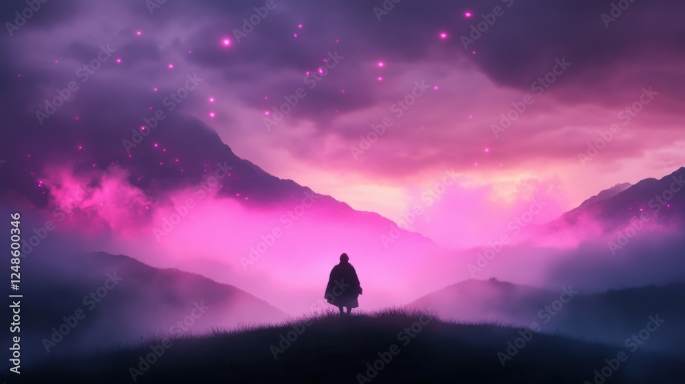 person standing in a dreamlike landscape at twilight