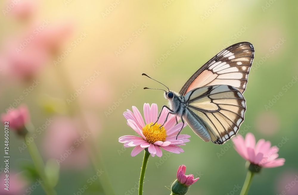butterfly on a spring pink flower on a green background with bokeh butterfly on a spring pink flower on a green background with bokeh