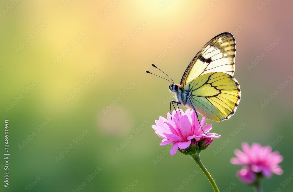 butterfly with yellow wings on a spring pink flower on a green background with bokeh butterfly with yellow wings on a spring pink flower on a green background with bokeh