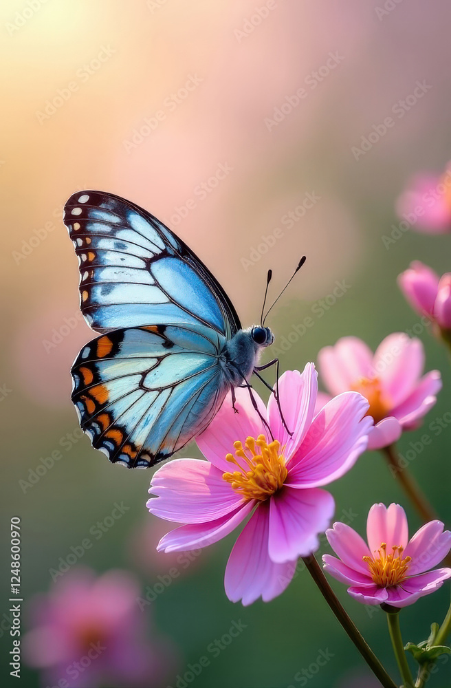 Naklejka premium butterfly with blue wings on a spring pink flower on a green background with bokeh