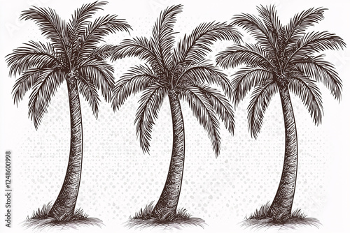 Three tall palm trees, etched in brown, stand against a white background with light dotted texture. photo