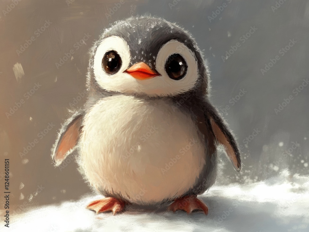 Naklejka premium Cute cartoon penguin standing on snow with a friendly expression during winter