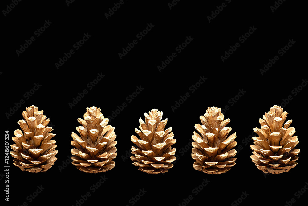 Five brown pinecones in a horizontal row against a solid black backdrop create a stark contrast and focus. Five brown pinecones in a horizontal row against a solid black backdrop create a stark contrast and focus.