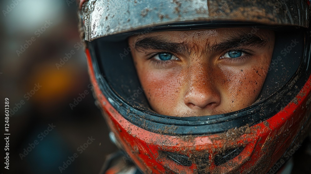 Fototapeta premium Muddy Determination: A Close-Up Portrait of a Young Motocross Racer