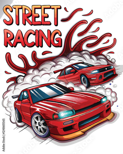 Create a vibrant graffiti-style vector illustration depicting a thrilling street race at night, showcasing speeding cars and dynamic energy.