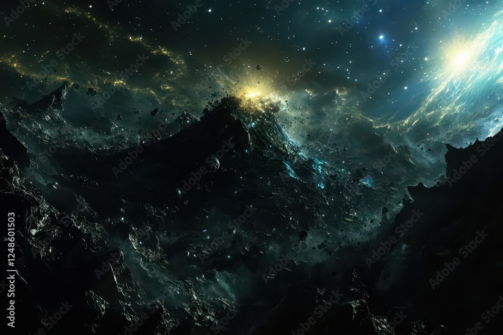 Obraz premium celestial catastrophe showing massive planetary explosion, debris field illuminated by distant stars, cosmic destruction in deep space