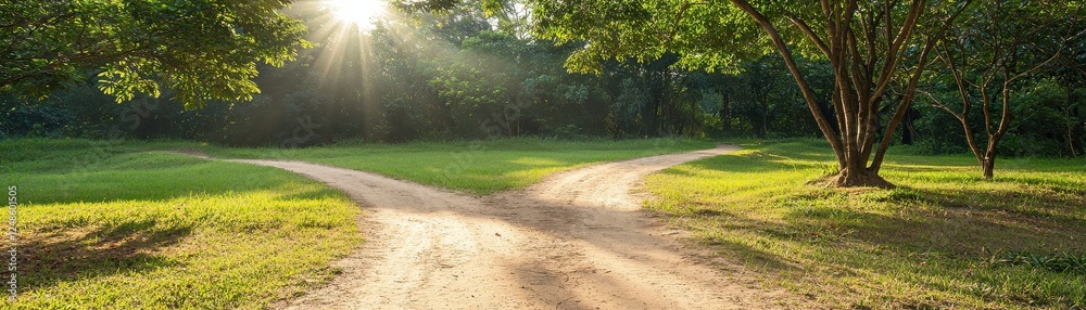 Obraz premium A serene landscape shows a forked dirt path illuminated by sunlight, surrounded by lush greenery and trees, inviting contemplation and choice.