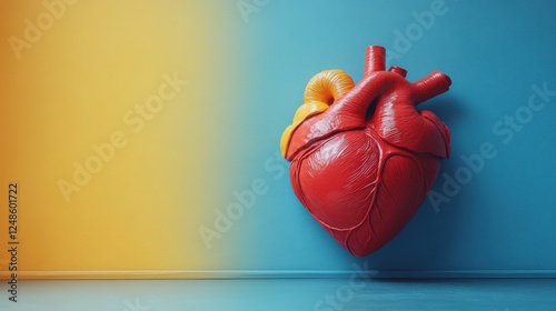 Realistic anatomical heart model displayed against a vibrant blue and yellow background, emphasizing health