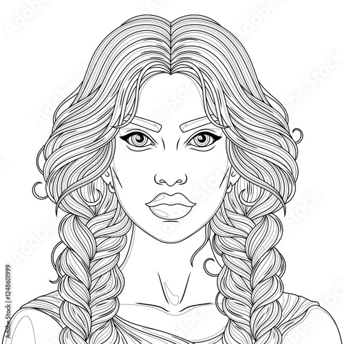 A beautiful woman with two pigtails.Coloring book antistress for children and adults. 