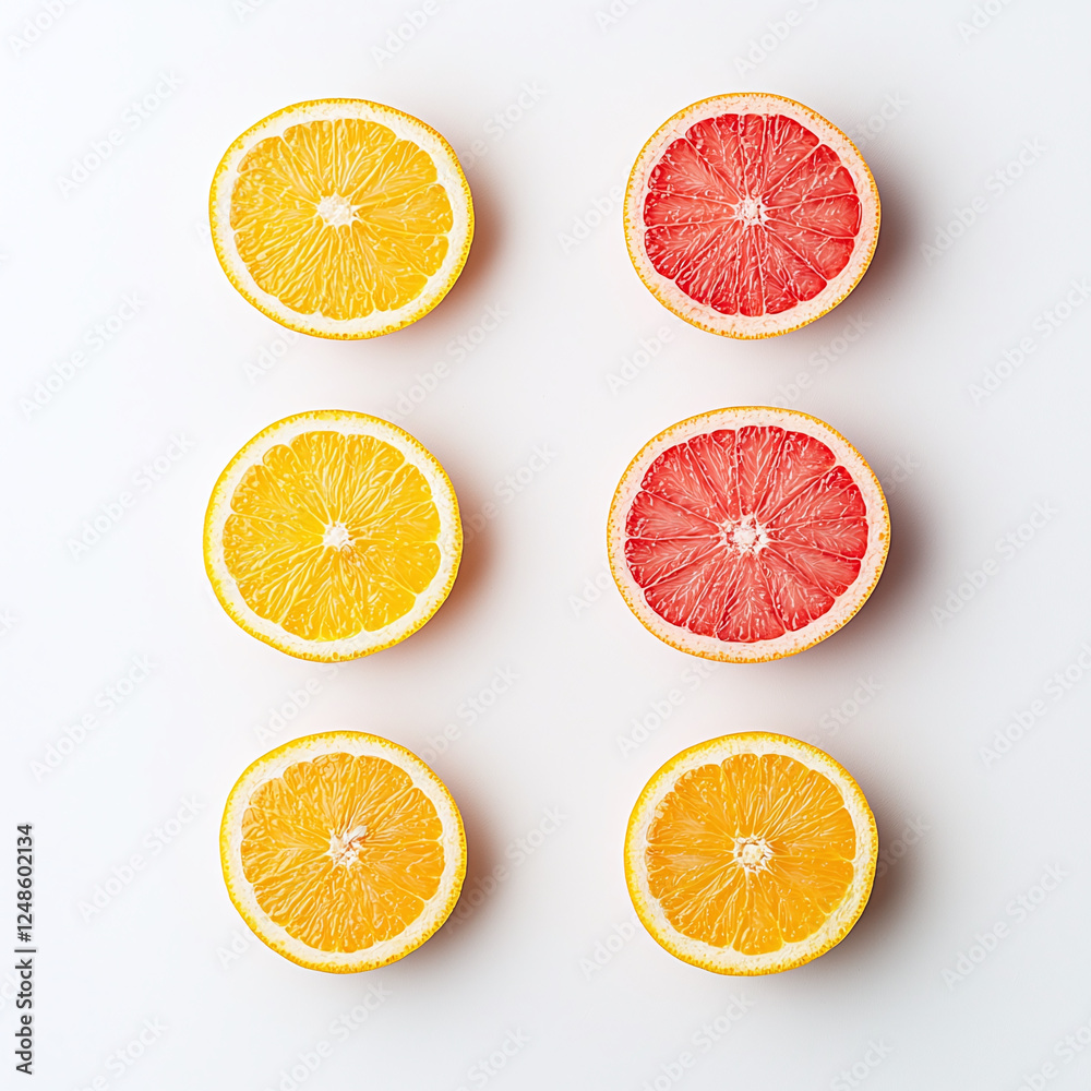 Slices of fruit in the image showcase halves of oranges and grapefruits on a white background. Slices of fruit in the image showcase halves of oranges and grapefruits on a white background.