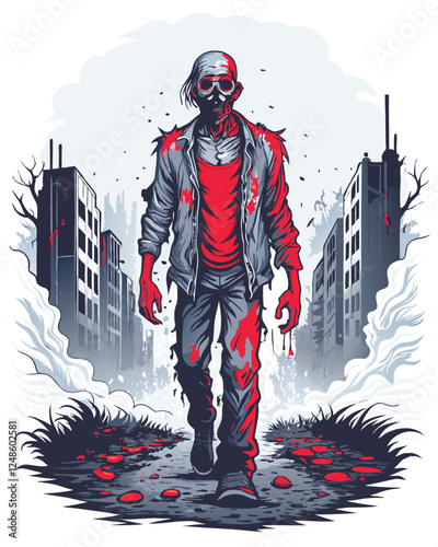 Create a grunge-style illustration of a decaying zombie in motion, emphasizing texture and decay.  Focus on a realistic yet stylized depiction of decomposition.