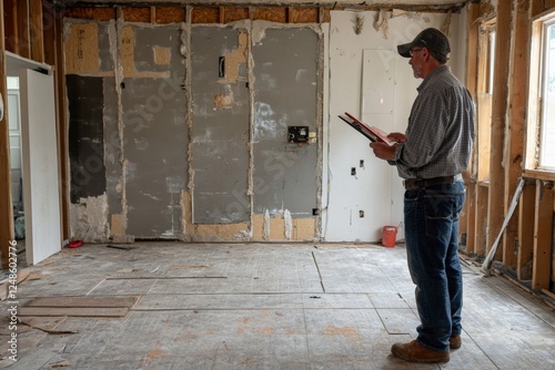 Project manager analyzing home renovation bids in an unfinished space. Generative AI