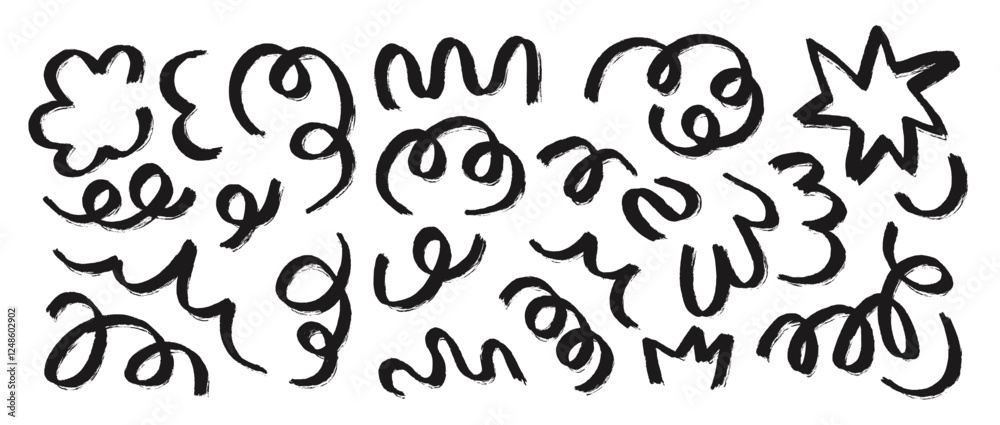 Set of doodle grunge playful black scribble. Abstract children background with drawing curve line. Trendy design with basic shapes Set of doodle grunge playful black scribble. Abstract children background with drawing curve line. Trendy design with basic shapes