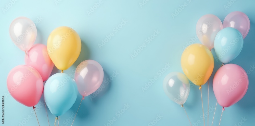 Pastel balloons floating on light blue header, balloons, design, tender Pastel balloons floating on light blue header, balloons, design, tender