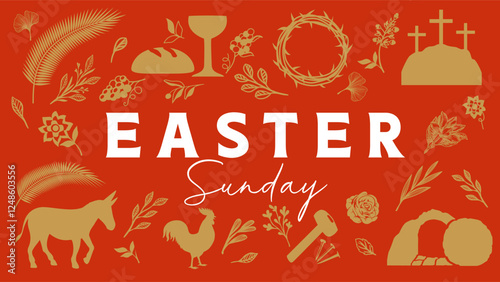 Easter Sunday, creative concept with golden pattern of Holy Week symbols. Good Friday invitation for church with icons of Christian holiday. Vector illustration of Palm Sunday, Calvary and open tomb