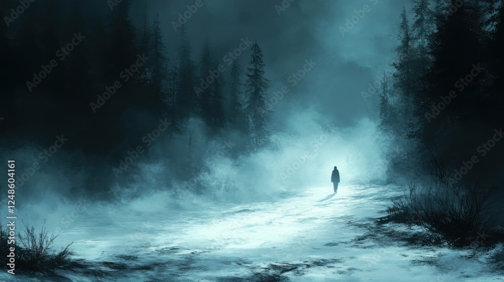 Solitary figure walking through a misty forest path, surrounded by tall dark trees and fog Solitary figure walking through a misty forest path, surrounded by tall dark trees and fog