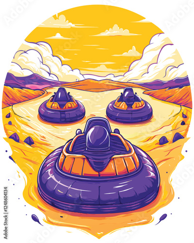 Illustrate a futuristic hovercraft race across a desolate, post-apocalyptic landscape; focus on gritty detail and intense competition.