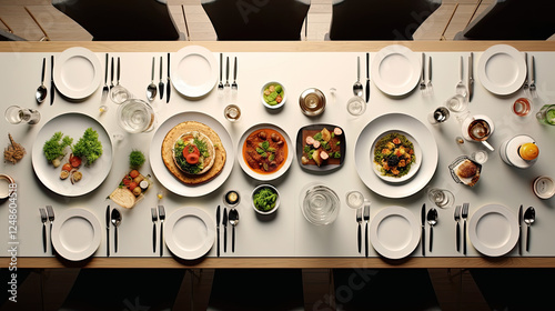 Overhead view of a beautifully arranged dinner table setting with a variety of delicious dishes