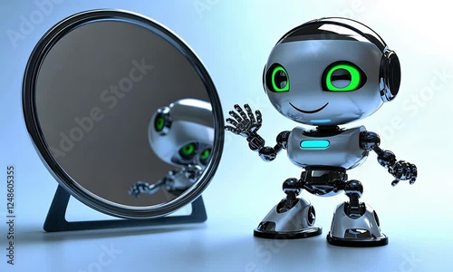 Robot with mirror reflecting its image photo